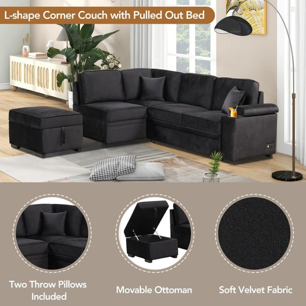 English Elm 84.75" Linen Sectional Sleeper Sofa with Storage Ottoman for Apartment Living SG000550AAB