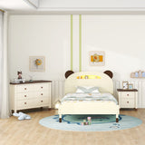 English Elm 3-Pieces Bedroom Sets Twin Size Bear-Shape Platform Bed With Nightstand and Storage Dresser,Cream+Walnut