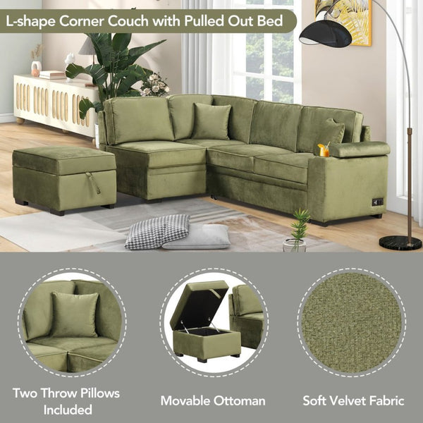 English Elm 84.75" Linen Sectional Sleeper Sofa with Storage Ottoman for Apartment Living SG000550AAF