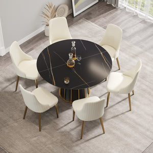 English Elm 53.15"Modern Round Dining Table With Black Iron Base - Stylish, Durable, Seats 6, Easy Maintenance! W1535S00259