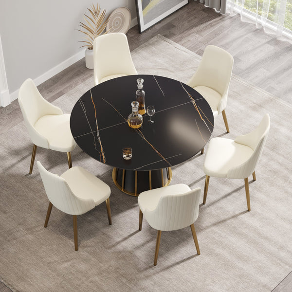 English Elm 53.15"Modern Round Dining Table With Black Iron Base - Stylish, Durable, Seats 6, Easy Maintenance! W1535S00259