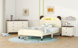 English Elm 3-Pieces Bedroom Sets Twin Size Bear-Shape Platform Bed With Nightstand and Storage Dresser,Cream+Walnut