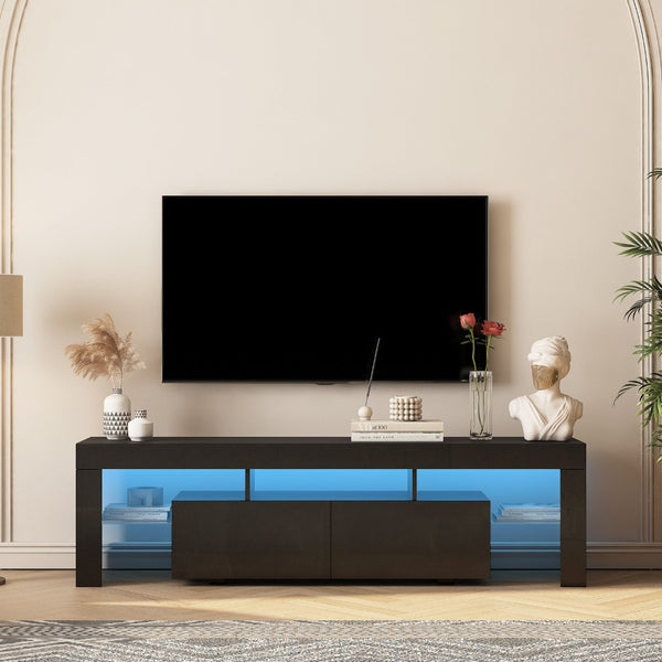 English Elm High Gloss Black Tv Console with Led Ambiance Lighting Storage Cabinets Modern Living Room W1321126658