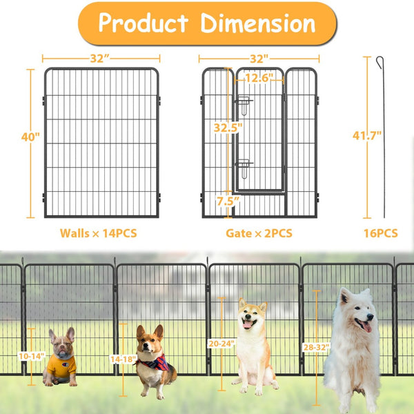 English Elm Dog Exercise Pen 16 Panel Wrought Iron Enclosure 40 Inch Portable Yard Fence W1422S00056