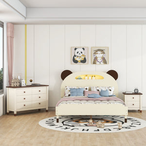 English Elm 3-Pieces Bedroom Sets Full Size Bear-Shape Platform Bed With Nightstand and Storage Dresser,Cream+Walnut