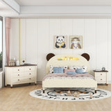 3-Piece Full Size Bedroom Set: Bear-Shape Platform Bed, Nightstand, Storage Dresser, Cream/Walnut