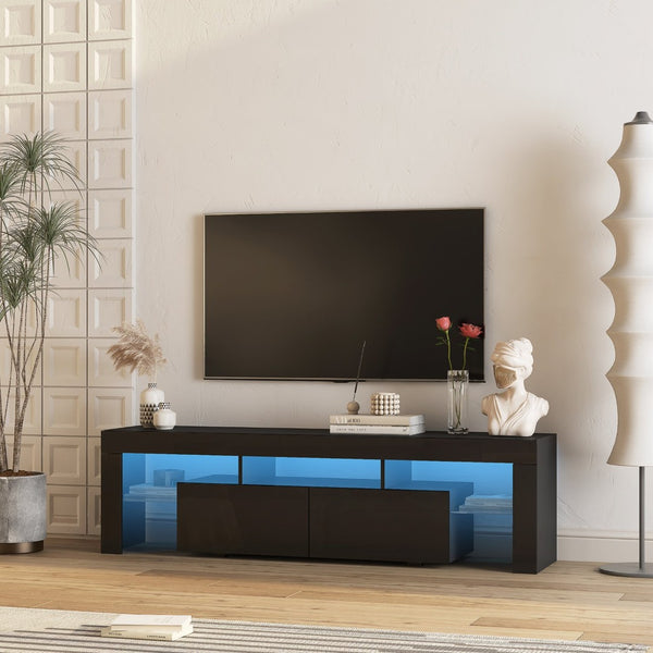 English Elm High Gloss Black Tv Console with Led Ambiance Lighting Storage Cabinets Modern Living Room W1321126658