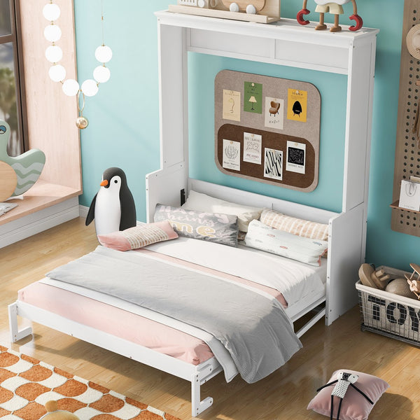 English Elm Queen Murphy Bed with Shelf — Space-Saving Wall Bed, Pine/MDF Construction, 600lb Capacity, Desk Surface White GX000350AAK