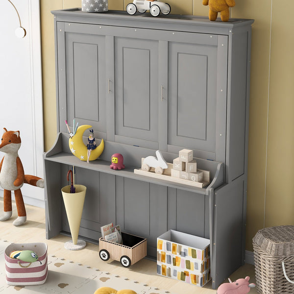 English Elm Queen Murphy Bed with Shelf — Space-Saving Wall Bed, Pine/MDF Construction, 600lb Capacity, Desk Surface Gray GX000350AAE