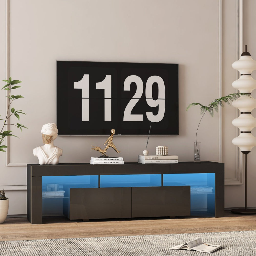 English Elm High Gloss Black Tv Console with Led Ambiance Lighting Storage Cabinets Modern Living Room W1321126658