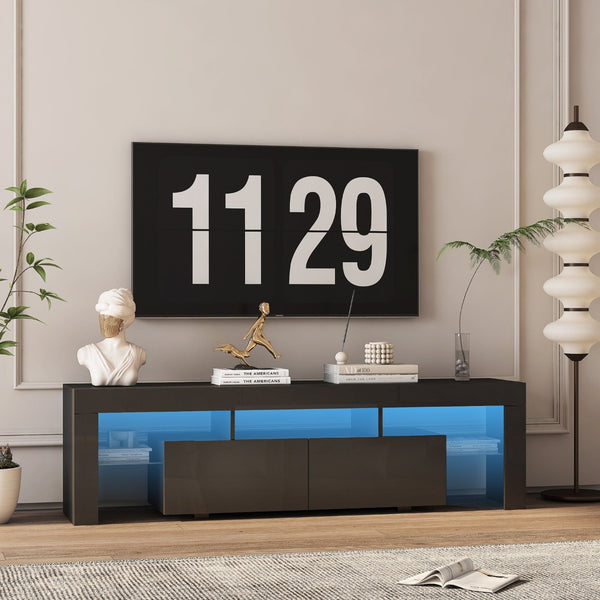 English Elm High Gloss Black Tv Console with Led Ambiance Lighting Storage Cabinets Modern Living Room W1321126658