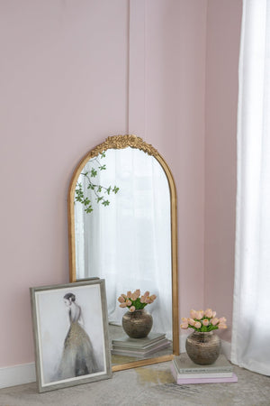 English Elm 28"x53" Carved Floral Crest Wood Floor Mirror Full Length Dressing Accent Piece W2078126742