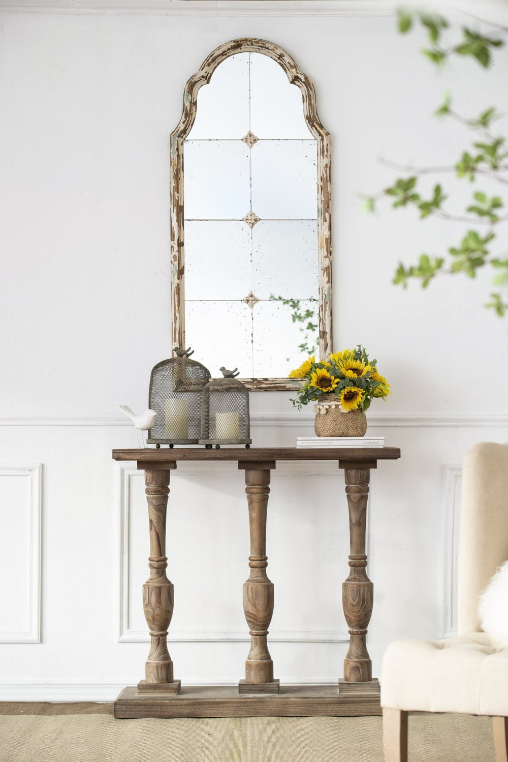 English Elm 22" Arched Wall Mirror Cream Gold Wood Frame Moorish Pane Grid Entryway Decor W2078P155651