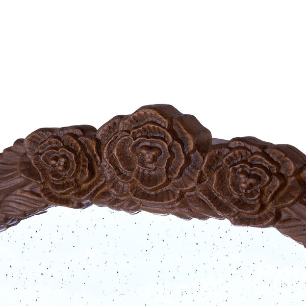 English Elm 23" Arched Wood Wall Mirror Hand Carved Rose Detail Antiqued Glass Entryway Accent Brown W2078126747