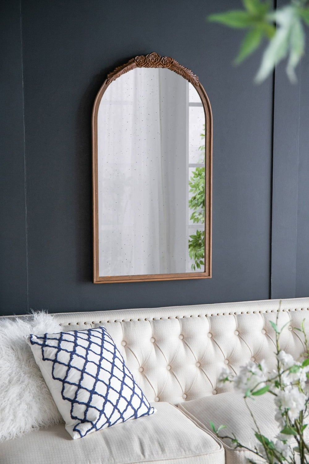 English Elm 23" Arched Wood Wall Mirror Hand Carved Rose Detail Antiqued Glass Entryway Accent Brown W2078126747