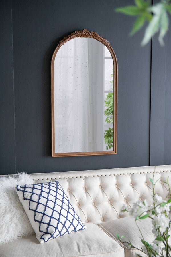 English Elm 23" Arched Wood Wall Mirror Hand Carved Rose Detail Antiqued Glass Entryway Accent Brown W2078126747