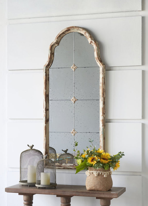 English Elm 22" Arched Wall Mirror Cream Gold Wood Frame Moorish Pane Grid Entryway Decor W2078P155651
