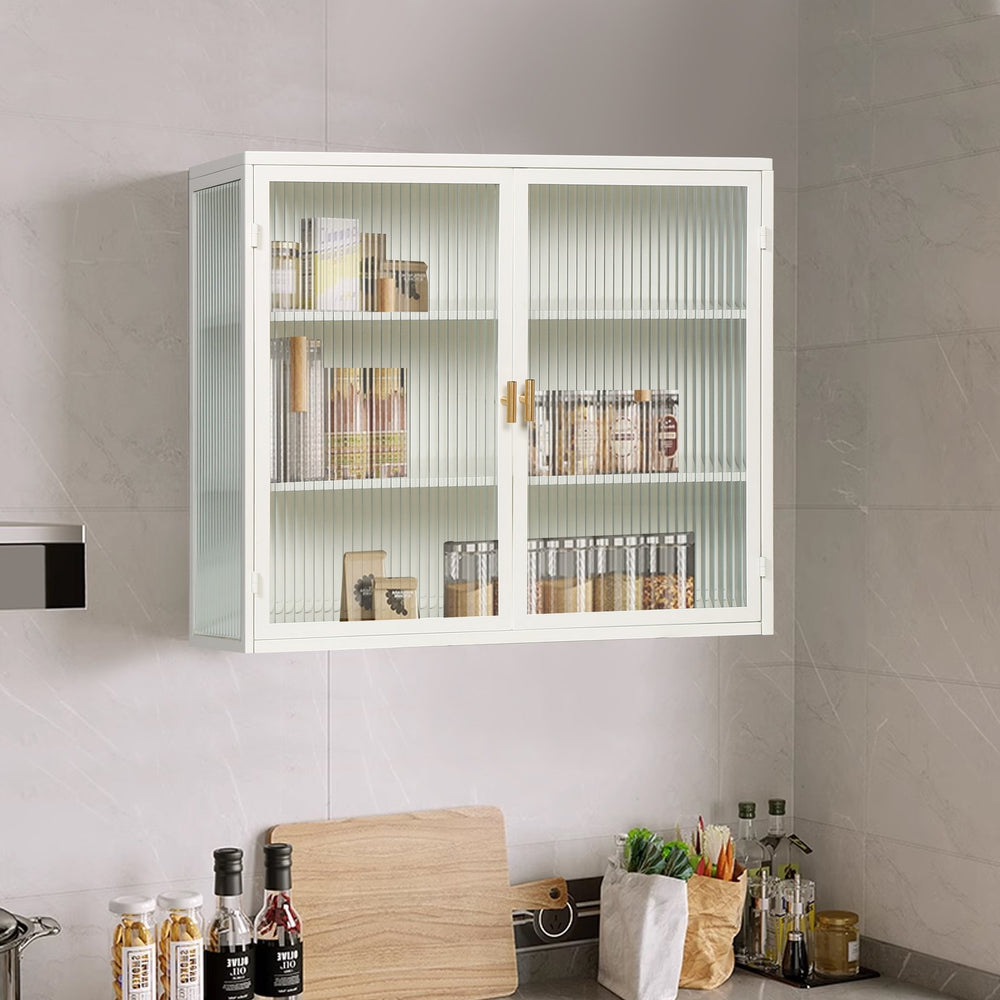 English Elm 27.56"Glass Modern Two-Door Wall Cabinet With Stylish Fluted Glass Doors For Organized Storage Solutions W757119328