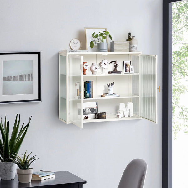 English Elm 27.56"Glass Modern Two-Door Wall Cabinet With Stylish Fluted Glass Doors For Organized Storage Solutions W757119328
