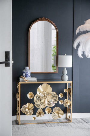English Elm 23" Arched Wood Wall Mirror Hand Carved Rose Detail Antiqued Glass Entryway Accent Brown W2078126747