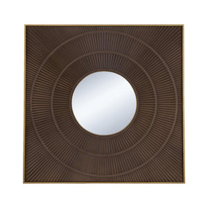 English Elm 40" Square Carved Pleated Wall Mirror Gold Iron Frame Sculptural Living Room Accent Brown W2078126759