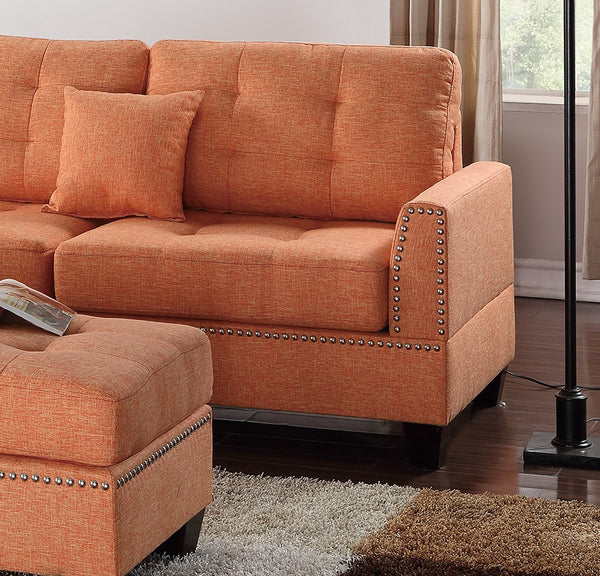 English Elm Modern 3-Piece Sectional Sofa with Reversible Chaise and Ottoman, Tufted Linen-Like Fabric, Stud Trim Orange 33 L x 15 W x 82 H B011S00473
