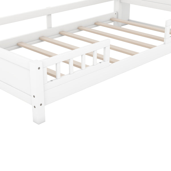 English Elm Wood Twin Platform Bed with LED Headboard Light, Built-In Storage Shelves and Safety Guardrail 93 White WF308150AAK