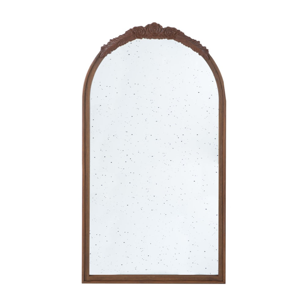 English Elm 23" Arched Wood Wall Mirror Hand Carved Rose Detail Antiqued Glass Entryway Accent Brown W2078126747