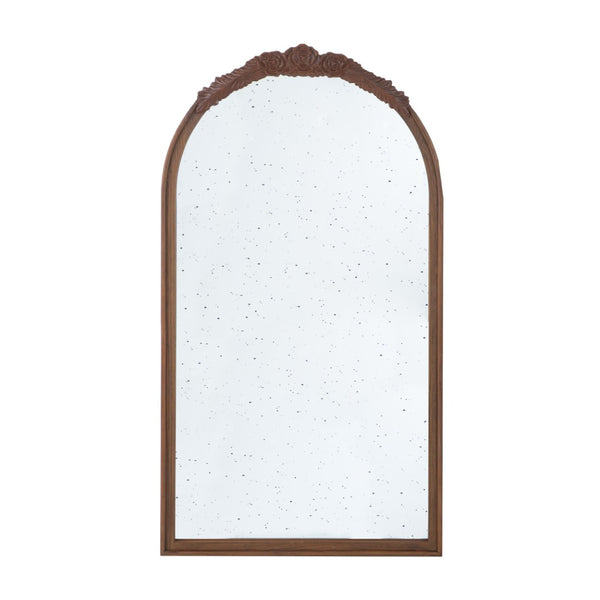 English Elm 23" Arched Wood Wall Mirror Hand Carved Rose Detail Antiqued Glass Entryway Accent Brown W2078126747