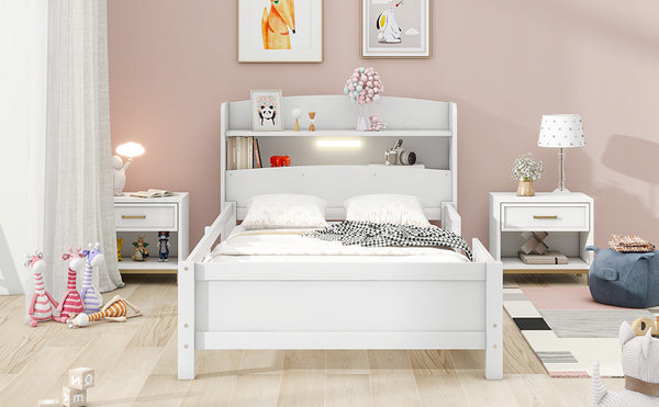 English Elm Wood Twin Platform Bed with LED Headboard Light, Built-In Storage Shelves and Safety Guardrail 93 White WF308150AAK