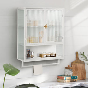 English Elm 23.62"Glass Modern Two-Door Wall Cabinet with Fluted Tempered Glass, Open Shelf, Towel Rack, White, Sleek Storage W757119332
