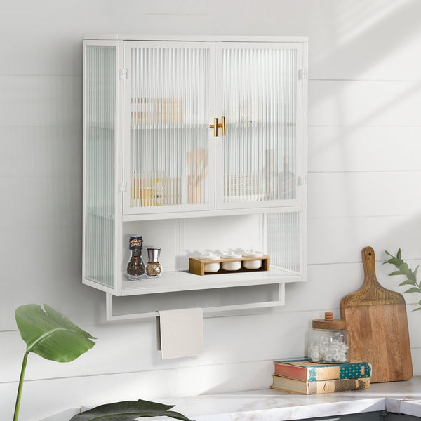 English Elm 23.62"Glass Modern Two-Door Wall Cabinet with Fluted Tempered Glass, Open Shelf, Towel Rack, White, Sleek Storage W757119332