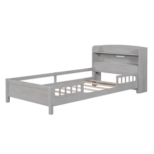 English Elm Wood Twin Platform Bed with LED Headboard Light, Built-In Storage Shelves and Safety Guardrail 93 Antique Gray WF308150AAE