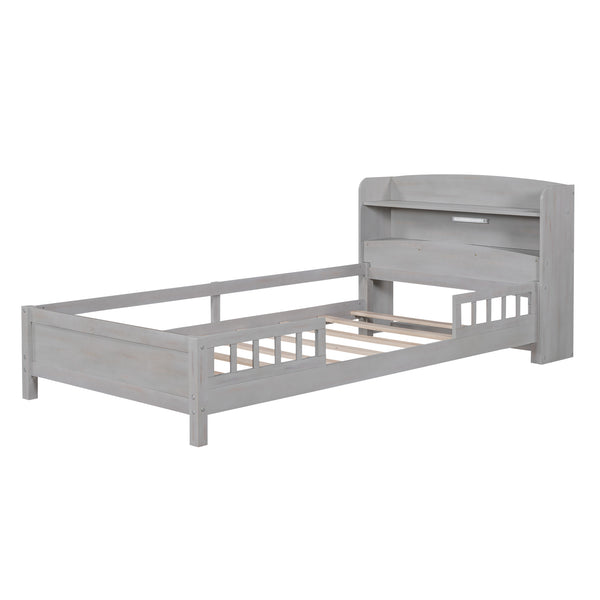 English Elm Wood Twin Platform Bed with LED Headboard Light, Built-In Storage Shelves and Safety Guardrail 93 Antique Gray WF308150AAE