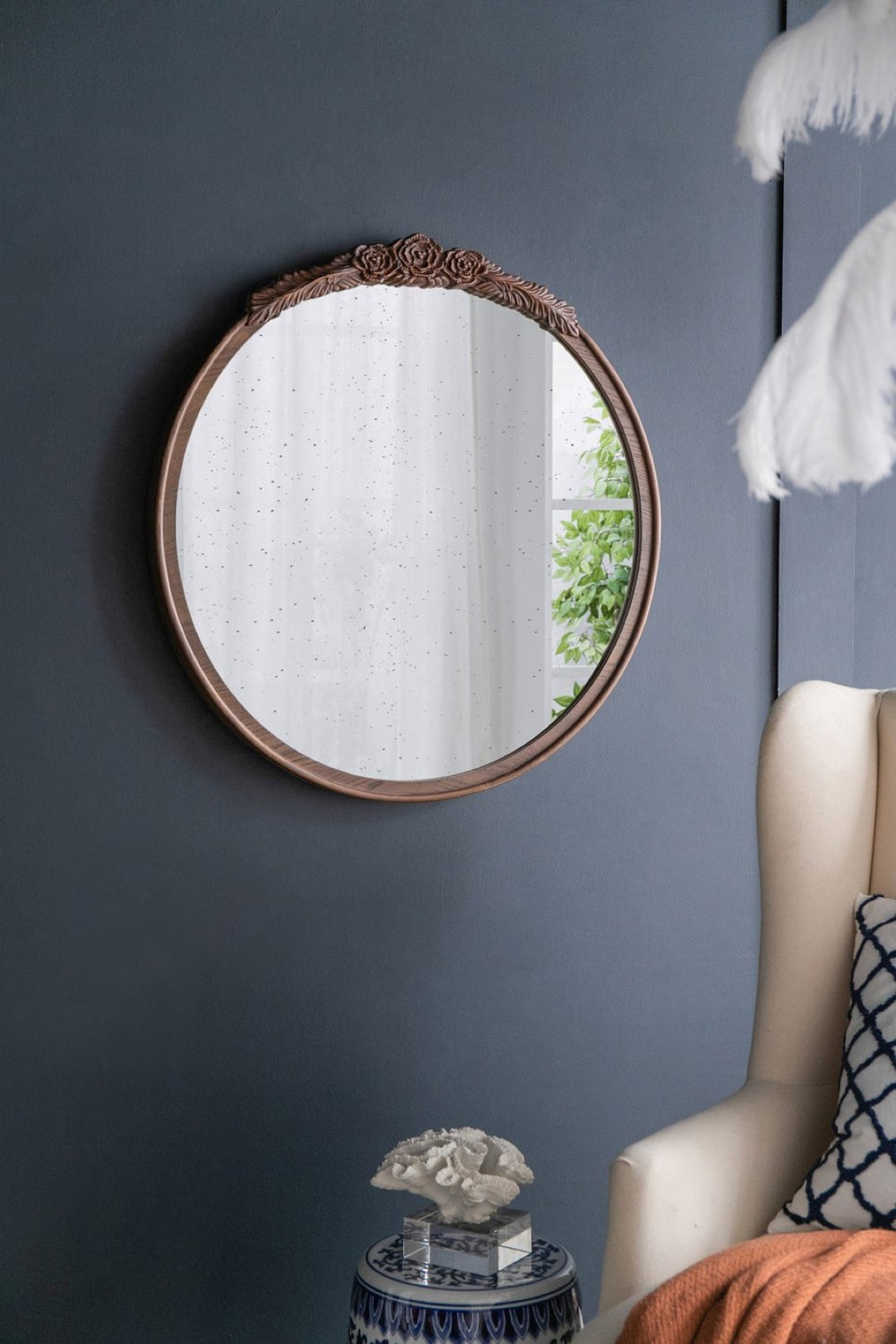 English Elm 30"x30" Round Antique Wall Mirror Hand Carved Rose Arch Frame Matte Vintage Decor Brown W2078126750