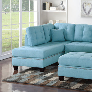 English Elm Modern Blue 3-Piece Reversible Sectional Sofa with Tufted Cushions, Nickel Stud Trim & Ottoman, Plush Comfort B011S00472