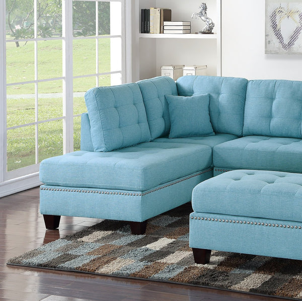 English Elm Modern Blue 3-Piece Reversible Sectional Sofa with Tufted Cushions, Nickel Stud Trim & Ottoman, Plush Comfort B011S00472