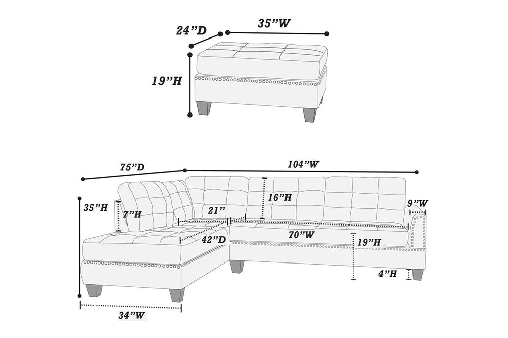 English Elm Modern Blue 3-Piece Reversible Sectional Sofa with Tufted Cushions, Nickel Stud Trim & Ottoman, Plush Comfort B011S00472