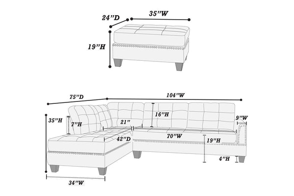 English Elm Modern 3-Piece Sectional Sofa with Reversible Chaise and Ottoman, Tufted Linen-Like Fabric, Stud Trim Coffee 33 L x 15 W x 82 H B011S00471