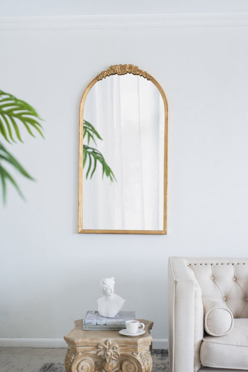 English Elm 28"x53" Carved Floral Crest Wood Floor Mirror Full Length Dressing Accent Piece W2078126742