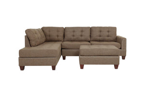 English Elm Modern 3-Piece Sectional Sofa with Reversible Chaise and Ottoman, Tufted Linen-Like Fabric, Stud Trim Coffee 33 L x 15 W x 82 H B011S00471
