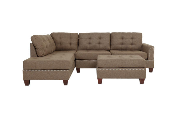 English Elm Modern 3-Piece Sectional Sofa with Reversible Chaise and Ottoman, Tufted Linen-Like Fabric, Stud Trim Coffee 33 L x 15 W x 82 H B011S00471