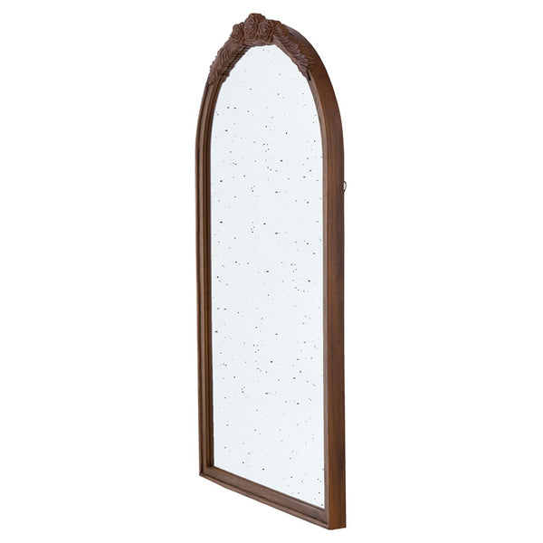 English Elm 23" Arched Wood Wall Mirror Hand Carved Rose Detail Antiqued Glass Entryway Accent Brown W2078126747