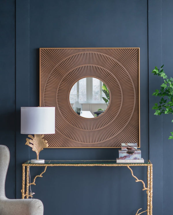 English Elm 40" Square Carved Pleated Wall Mirror Gold Iron Frame Sculptural Living Room Accent Brown W2078126759
