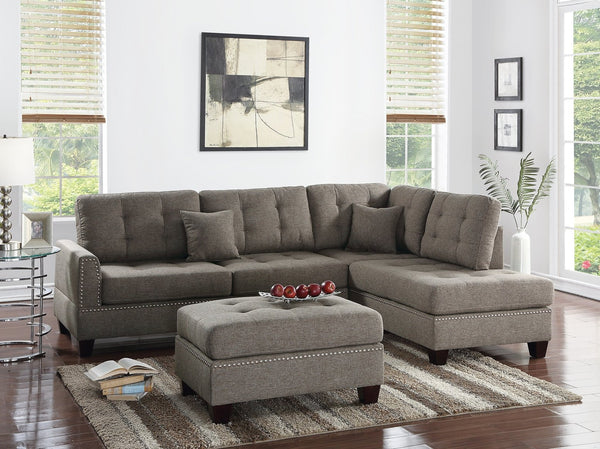 English Elm Modern 3-Piece Sectional Sofa with Reversible Chaise and Ottoman, Tufted Linen-Like Fabric, Stud Trim Coffee 33 L x 15 W x 82 H B011S00471