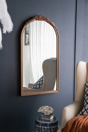 English Elm 23" Arched Wood Wall Mirror Hand Carved Rose Detail Antiqued Glass Entryway Accent Brown W2078126747