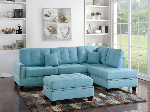 English Elm Modern Blue 3-Piece Reversible Sectional Sofa with Tufted Cushions, Nickel Stud Trim & Ottoman, Plush Comfort B011S00472