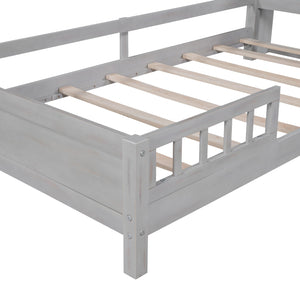 English Elm Wood Twin Platform Bed with LED Headboard Light, Built-In Storage Shelves and Safety Guardrail 93 Antique Gray WF308150AAE