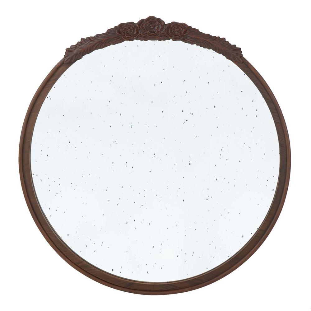 English Elm 30"x30" Round Antique Wall Mirror Hand Carved Rose Arch Frame Matte Vintage Decor Brown W2078126750
