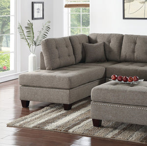 English Elm Modern 3-Piece Sectional Sofa with Reversible Chaise and Ottoman, Tufted Linen-Like Fabric, Stud Trim Coffee 33 L x 15 W x 82 H B011S00471